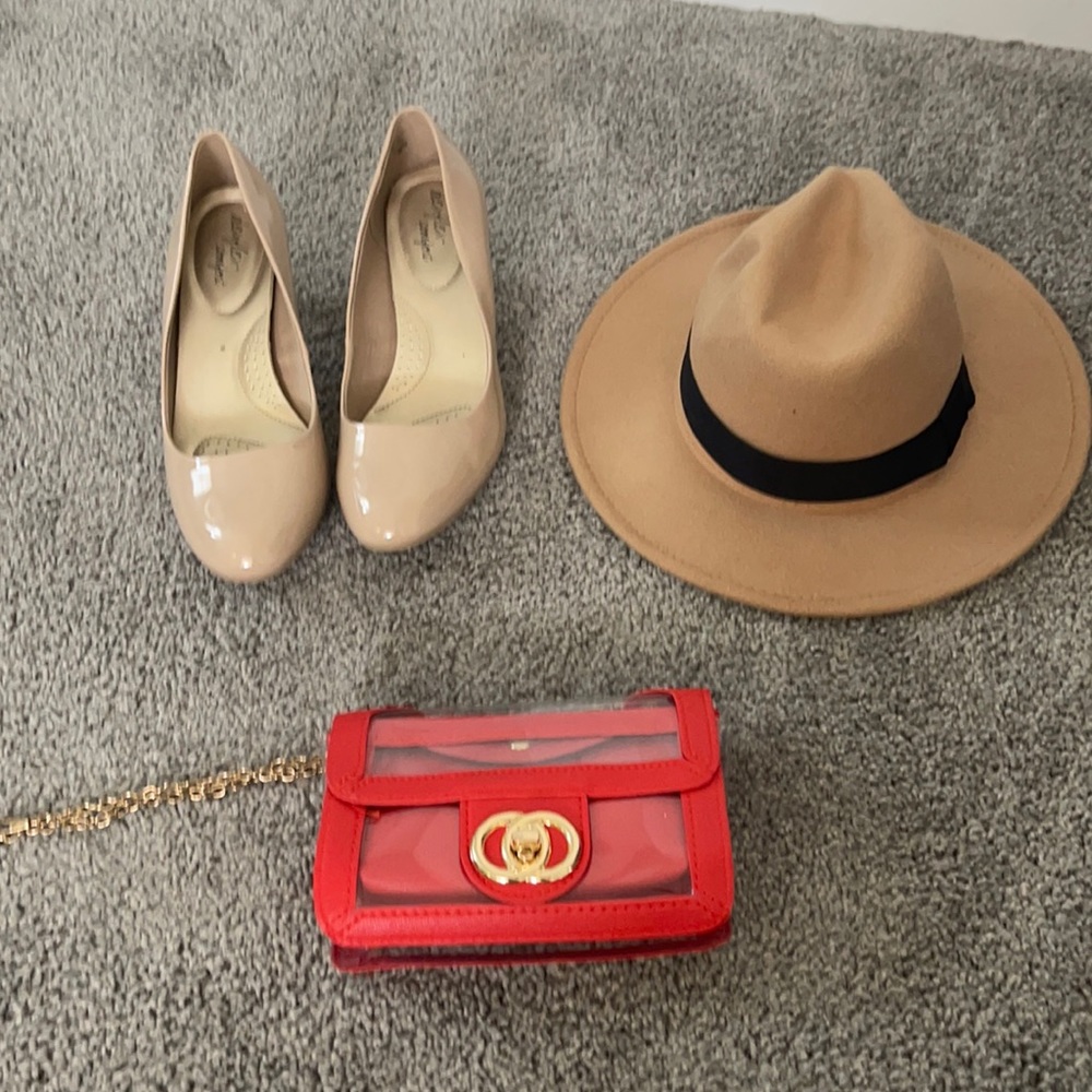 Nude kitten heels red SHEIN bag camel SHEIN hat